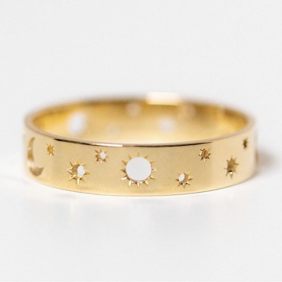 ✨14K Gold Plated Sun Moon Star Unique Wedding Ring, MLNN1222 - Picture 1 of 3
